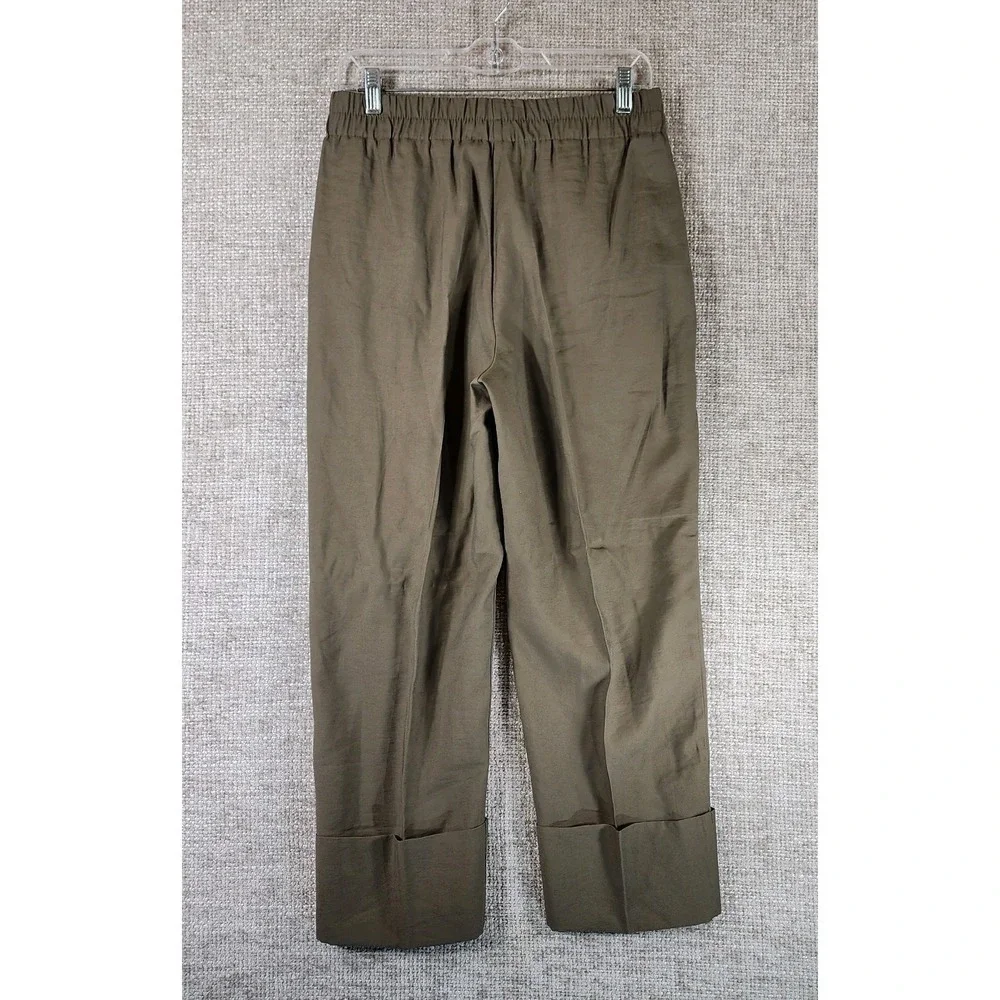ZARA Straight Leg Pull On Wide Cuff Pants Womens M Green Linen Look Office NWT
